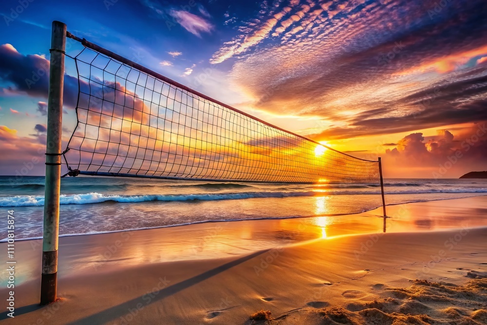 Tranquil Volleyball Net on a Serene Beach at Sunset with Gentle Waves and Soft Sand, Perfect for Dreamy Coastal Imagery and Relaxing Atmospheres Tranquil Volleyball Net on a Serene Beach at Sunset with Gentle Waves and Soft Sand, Perfect for Dreamy Coastal Imagery and Relaxing Atmospheres