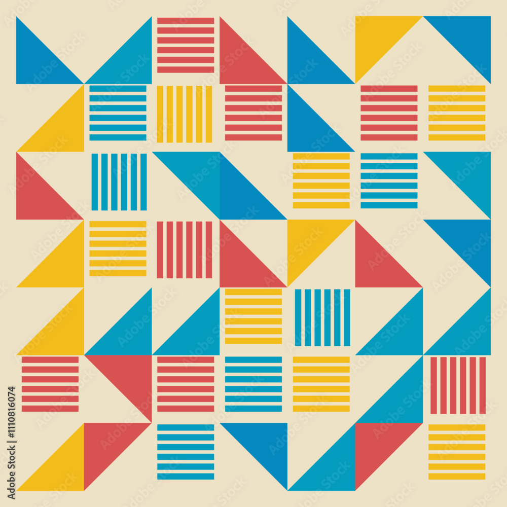Modern Bauhaus Geometric Pattern with Triangles and Stripes Modern Bauhaus Geometric Pattern with Triangles and Stripes