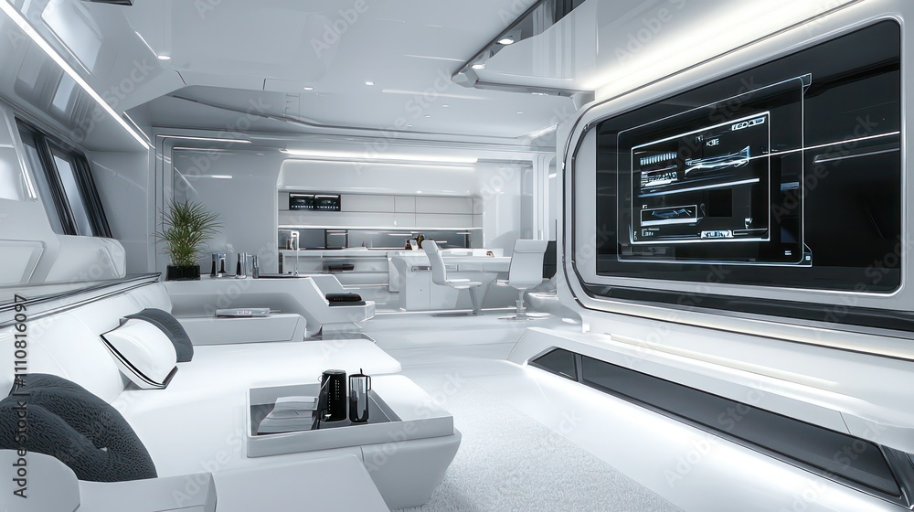 Ultra-modern interior with high-tech gadgets, sleek surfaces, and clean design Ultra-modern interior with high-tech gadgets, sleek surfaces, and clean design