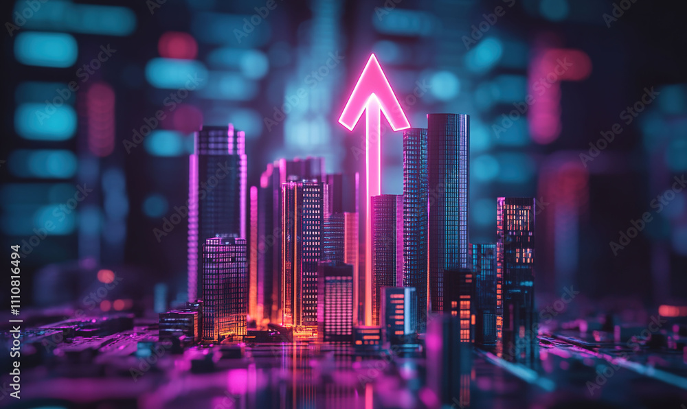 Background Featuring a Cyberpunk-Style Miniature City Model with Ascending Holographic Arrows, Illustrating the Concept of Real Estate Asset Investment Growth and Digital Advancement, Enhanced by AI- Background Featuring a Cyberpunk-Style Miniature City Model with Ascending Holographic Arrows, Illustrating the Concept of Real Estate Asset Investment Growth and Digital Advancement, Enhanced by AI-