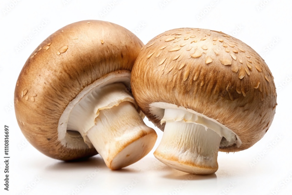 Fototapeta premium Two Fresh Champignon Mushrooms in Various Positions Isolated on a White Background Perfectly Composed Using the Rule of Thirds for a Visual Recipe or Culinary Inspiration