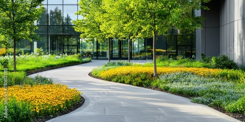 Fototapeta Naklejka Na Ścianę i Meble -  A beautifully landscaped area around an architect building, illustrating the integration of nature and design