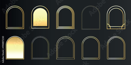 Luxury gold frame set in art deco, Islamic style. Premium golden arch on black background. Elements for vip card, wedding invitation. Collection elegant geometric shape. Isolated vector illustration.