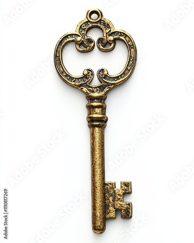 A detailed close-up of an antique golden skeleton key, showcasing intricate design and vintage craftsmanship against a plain white background. Ideal for historical, security, or key-themed designs. AI