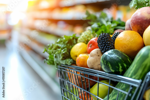 Full shopping cart with fresh produce in supermarket aisle. photo