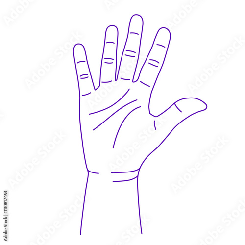 Contour of human hand. Vector gesture illustration. Concept of communication and expressions. Index, middle, ring, little fingers and thumb. Lines of fate