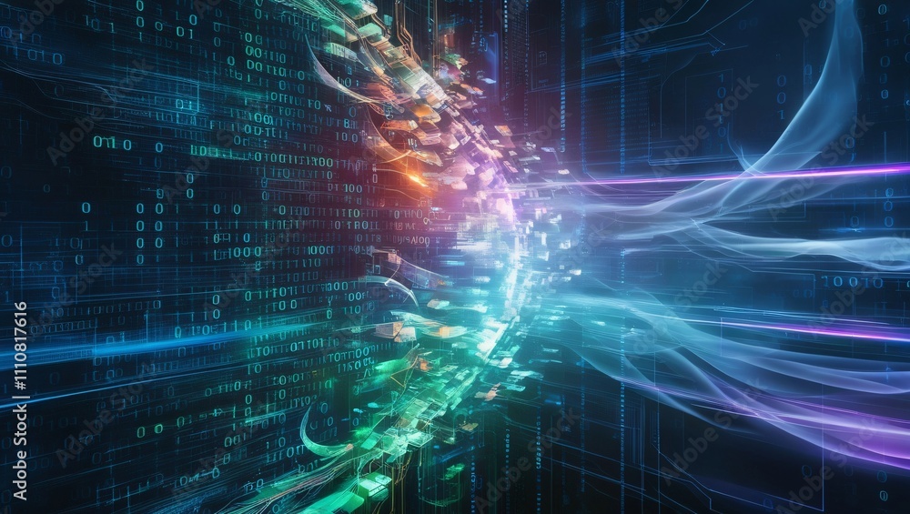 Digital Flow: A mesmerizing abstract digital art piece, showcasing flowing lines of vibrant colors against a backdrop of binary code. The image evokes a sense of motion, energy. Digital Flow: A mesmerizing abstract digital art piece, showcasing flowing lines of vibrant colors against a backdrop of binary code. The image evokes a sense of motion, energy.