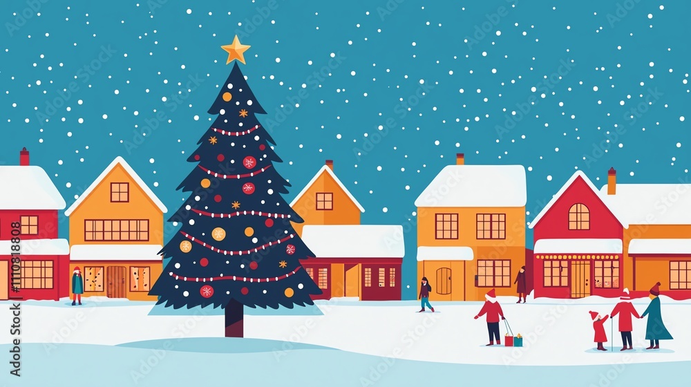 Snowy town center, large Christmas tree with lights, sale stalls with warm decor, joyful shoppers, children playing in the snow, streetlevel wide shot Snowy town center, large Christmas tree with lights, sale stalls with warm decor, joyful shoppers, children playing in the snow, streetlevel wide shot