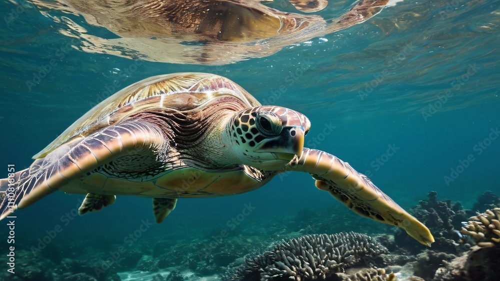 Obraz premium Sea Turtle Gliding Over Coral Reef in Crystal-Clear Sunlit Water