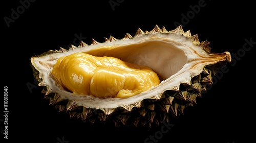 Durian fruit half, revealing creamy yellow flesh against black background.