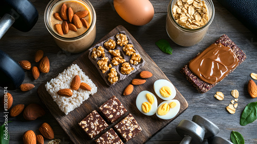 A Stunning Flat-Lay Arrangement of Protein-Packed Snacks Tailored for Fitness Lovers in a Clean Gym Atmosphere photo