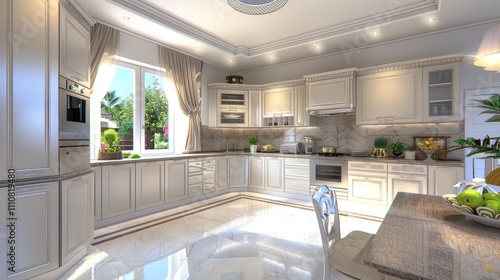 Inviting Kitchen Interior with Mockup Frame, Dining Table and Cooking Cabinet