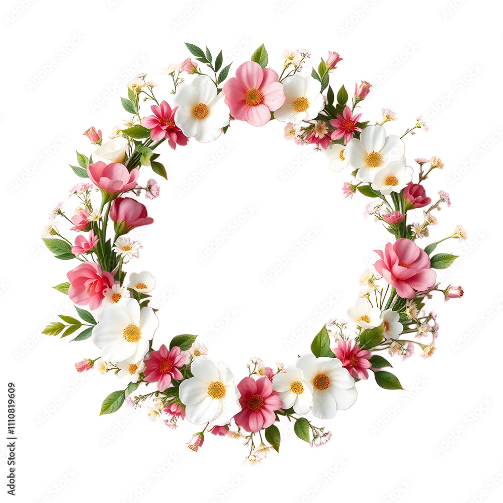 Beautiful circular floral wreath design with pink and white flowers Beautiful circular floral wreath design with pink and white flowers