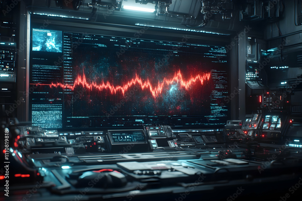 Futuristic control room with red stock market graph displayed on a large monitor. Futuristic control room with red stock market graph displayed on a large monitor.