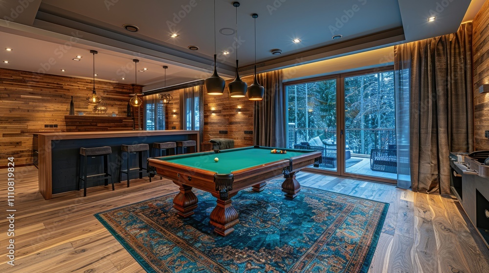 Fototapeta premium A stylish game room featuring a pool table, bar, and large windows for natural light.