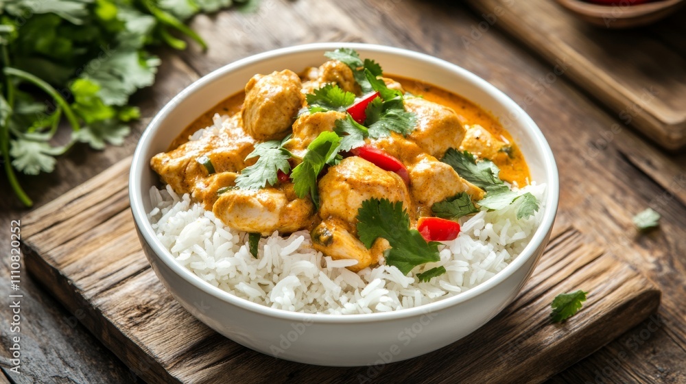 Photo of, A bowl of comforting chicken curry served with basmati rice, Curry in bowl Photo of, A bowl of comforting chicken curry served with basmati rice, Curry in bowl