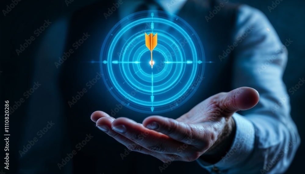 Businessman Presenting a Digital Target with Arrow on His Hand Businessman Presenting a Digital Target with Arrow on His Hand