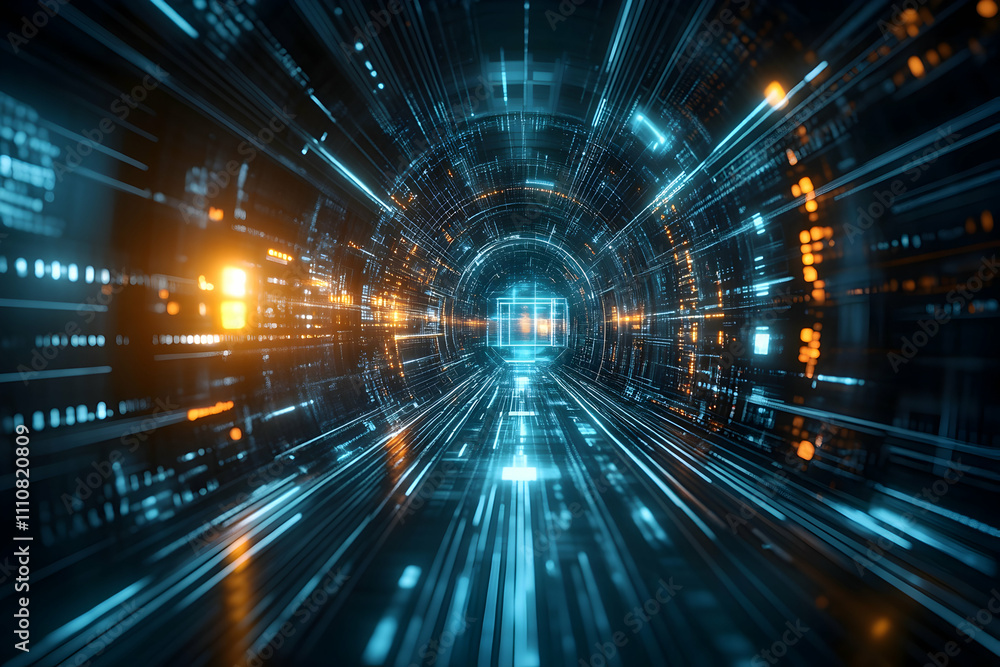 Futuristic digital tunnel with glowing lines and data streams. Futuristic digital tunnel with glowing lines and data streams.