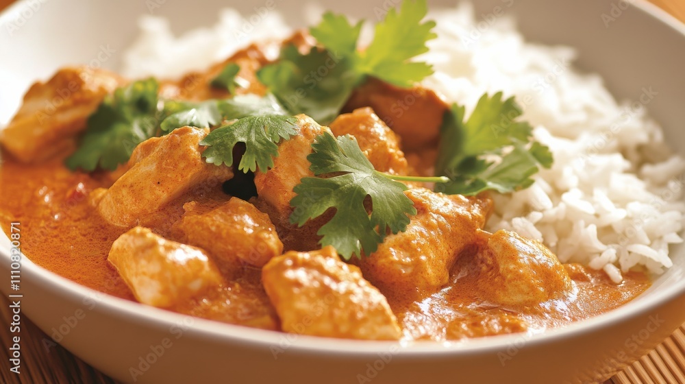 Photo of, A bowl of comforting chicken curry served with basmati rice, Curry in bowl Photo of, A bowl of comforting chicken curry served with basmati rice, Curry in bowl