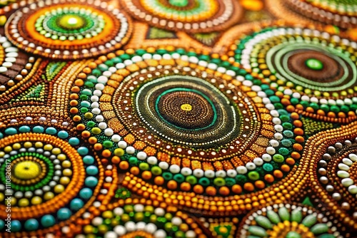 Vibrant Aboriginal Dot Art Textile Patterns in Earthy Colors Captured with Tilt-Shift Photography for Unique Visual Appeal
