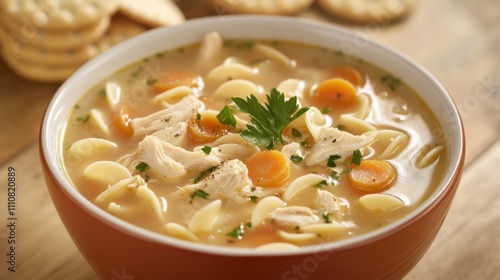 Wallpaper Mural Photo of, A bowl of comforting chicken noodle soup garnished with parsley, Soup in bowl Torontodigital.ca