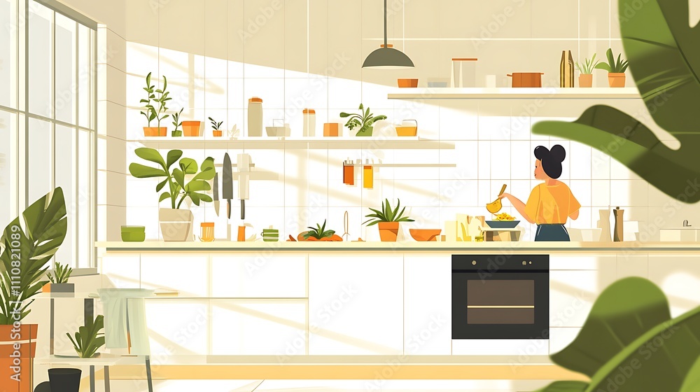 Woman Cooking in a Bright Sunny Kitchen Woman Cooking in a Bright Sunny Kitchen
