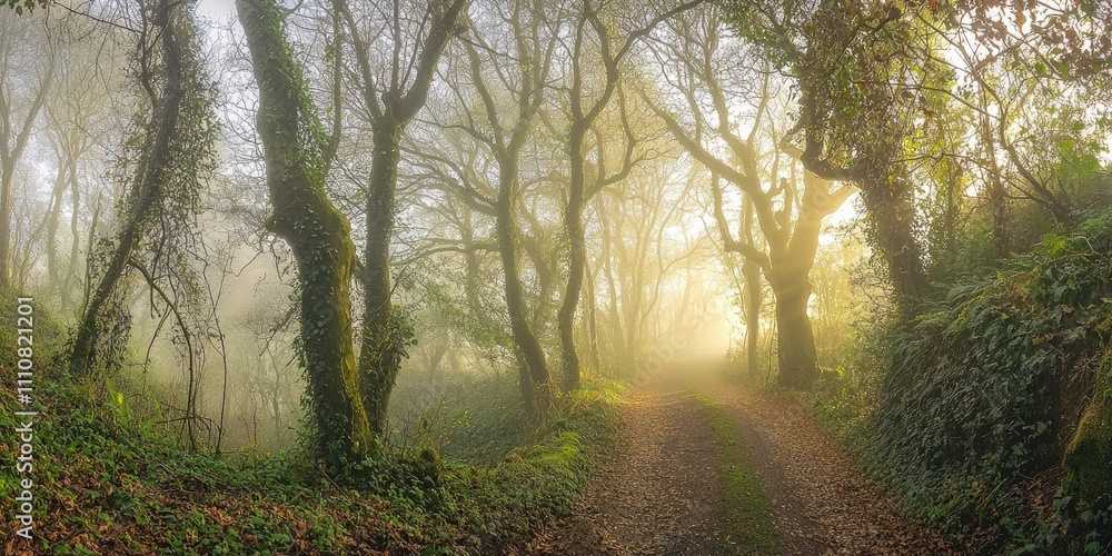 Naklejka premium A winding forest road disappearing into misty depths, ancient trees on both sides, vibrant greenery, golden light breaking through the foggy air