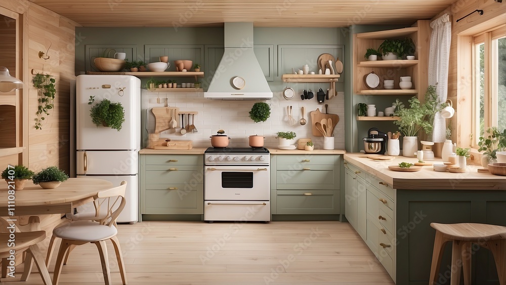 Fototapeta premium Cottagecore-inspired kitchen with hidden smart appliances and a voice-controlled recipe assistant.