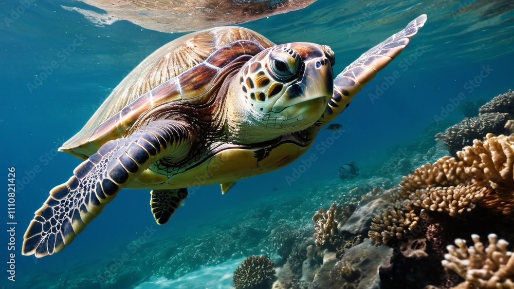 Fototapeta premium Sea Turtle Gliding Over Coral Reef in Crystal-Clear Sunlit Water