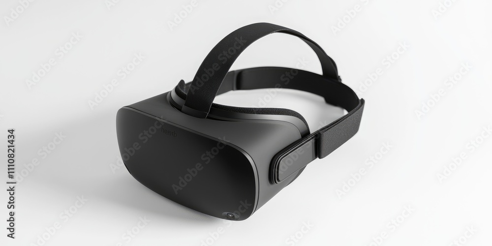 A VR headset positioned at a tilted angle, showcasing its modern design and adjustable straps, isolated on a clean white background, symbolizing innovation. A VR headset positioned at a tilted angle, showcasing its modern design and adjustable straps, isolated on a clean white background, symbolizing innovation.