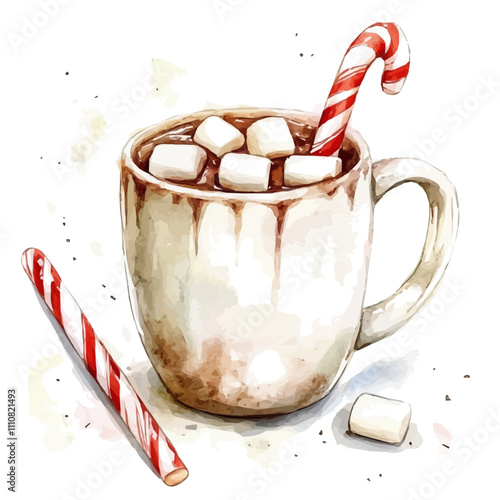 illustration of a cup of hot chocolate with marshmallows, a Watercolor hot cocoa mug with marshmallows, and a candy cane isolated on a white background