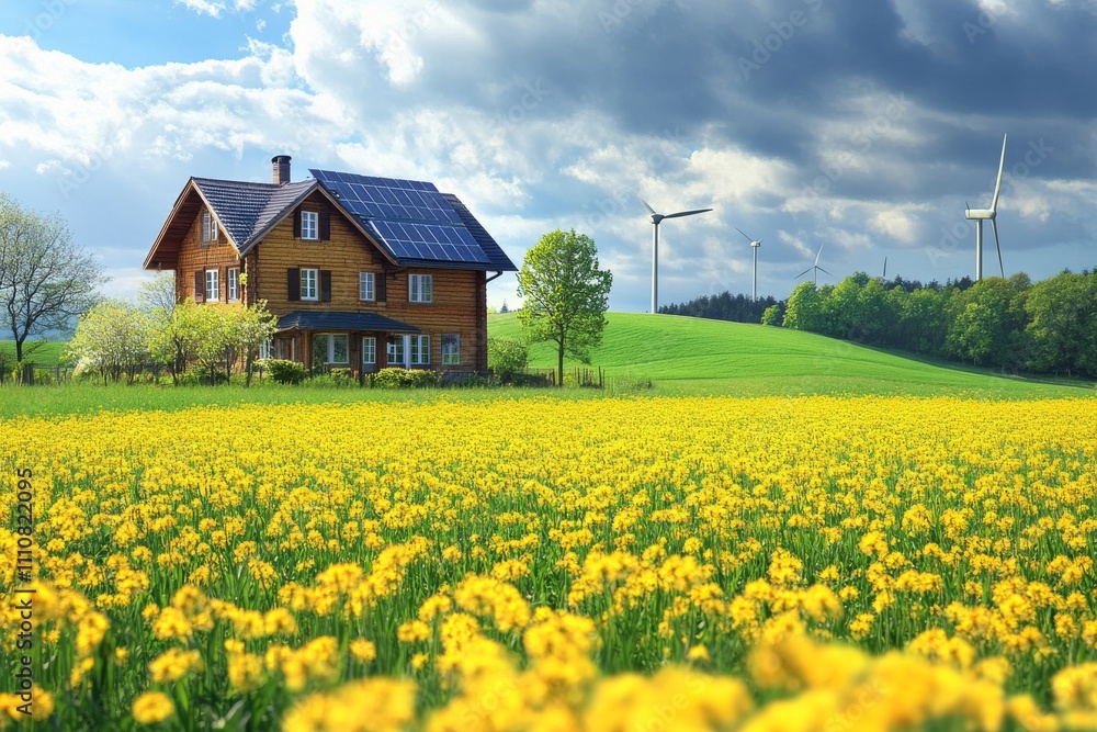 Eco-Friendly House in a Blooming Yellow Field with Wind Turbines Eco-Friendly House in a Blooming Yellow Field with Wind Turbines