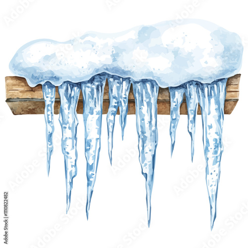 illustration of Watercolor icicles hanging from a snowy roof isolated on a white background, vector icicles hanging from a snowy roof