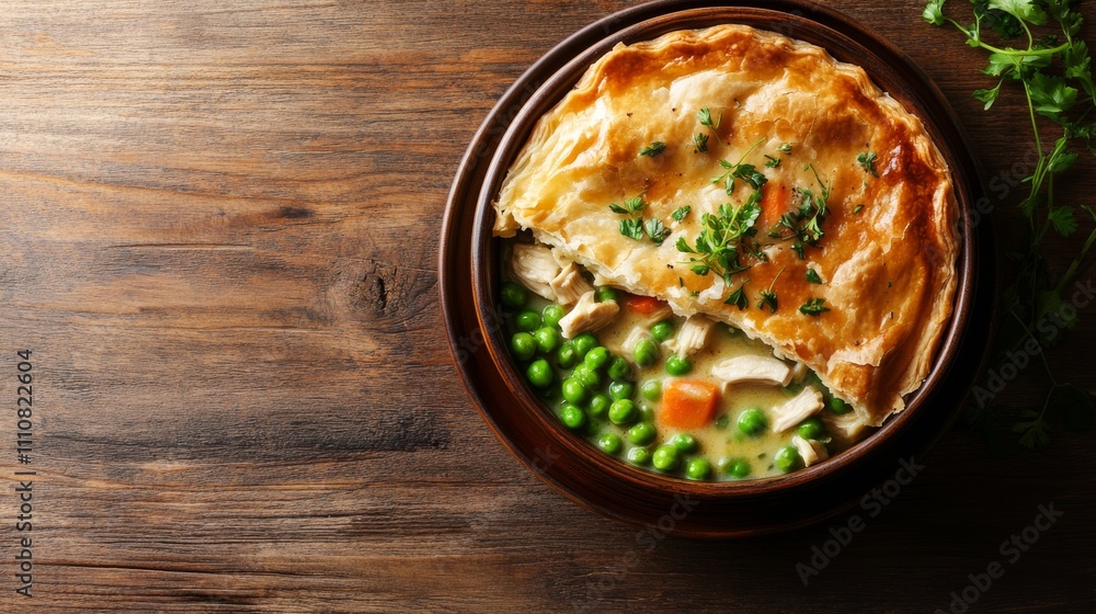 Photo of, A bowl of comforting chicken pot pie with a flaky golden crust, Pot pie in bowl Photo of, A bowl of comforting chicken pot pie with a flaky golden crust, Pot pie in bowl
