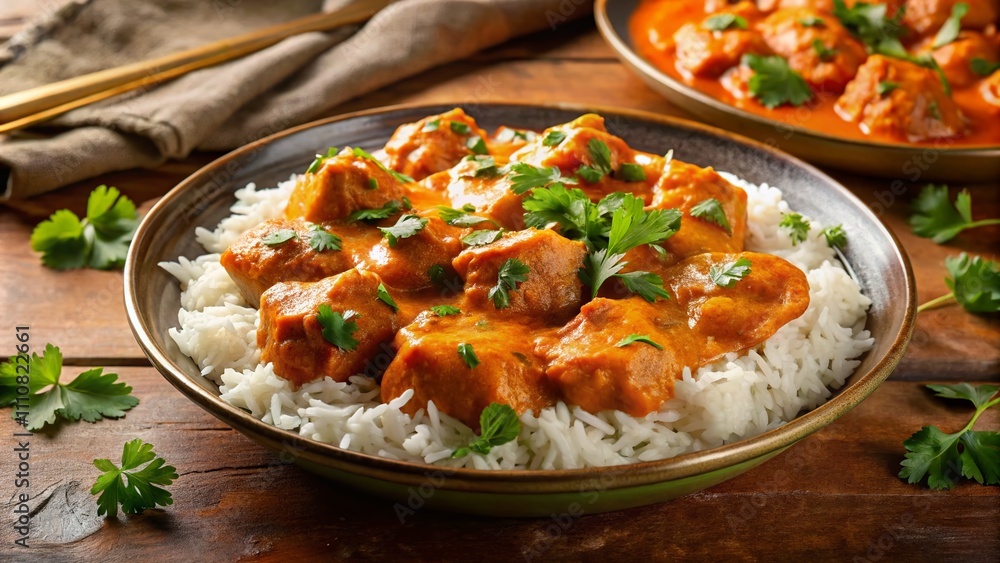 Vibrant Butter Chicken with White Rice and Fresh Cilantro on a Bright Orange Background for Culinary and Food Photography Enthusiasts Vibrant Butter Chicken with White Rice and Fresh Cilantro on a Bright Orange Background for Culinary and Food Photography Enthusiasts