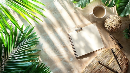 Entrepreneur taking notes during an online course, modern desk setup, warm indoor light, overtheshoulder view photo