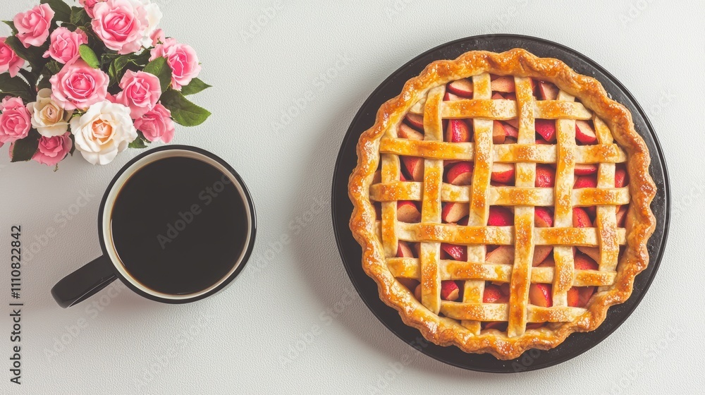Delicious apple pie served with a cup of coffee and a bouquet of roses for a perfect afternoon treat. Delicious apple pie served with a cup of coffee and a bouquet of roses for a perfect afternoon treat.