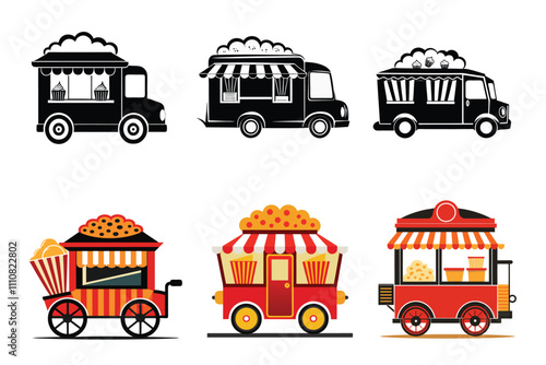 Set of Popcorn Food Car vector illustrations isolated on a white background