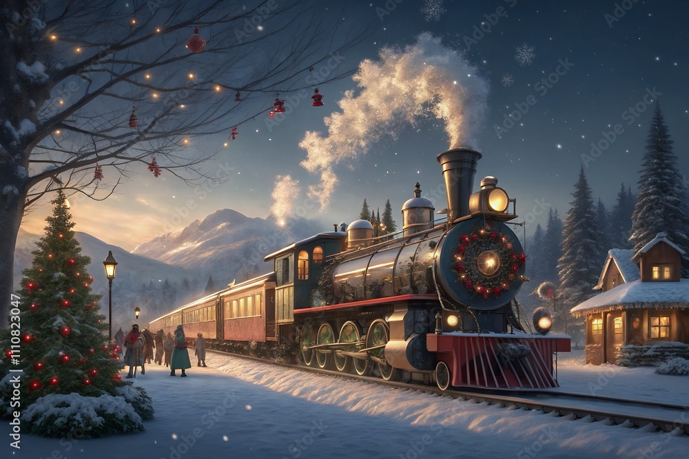 steam train in the snow Christmas decorations featuring white gifts adorned with gold ribbons, pine cones steam train in the snow Christmas decorations featuring white gifts adorned with gold ribbons, pine cones