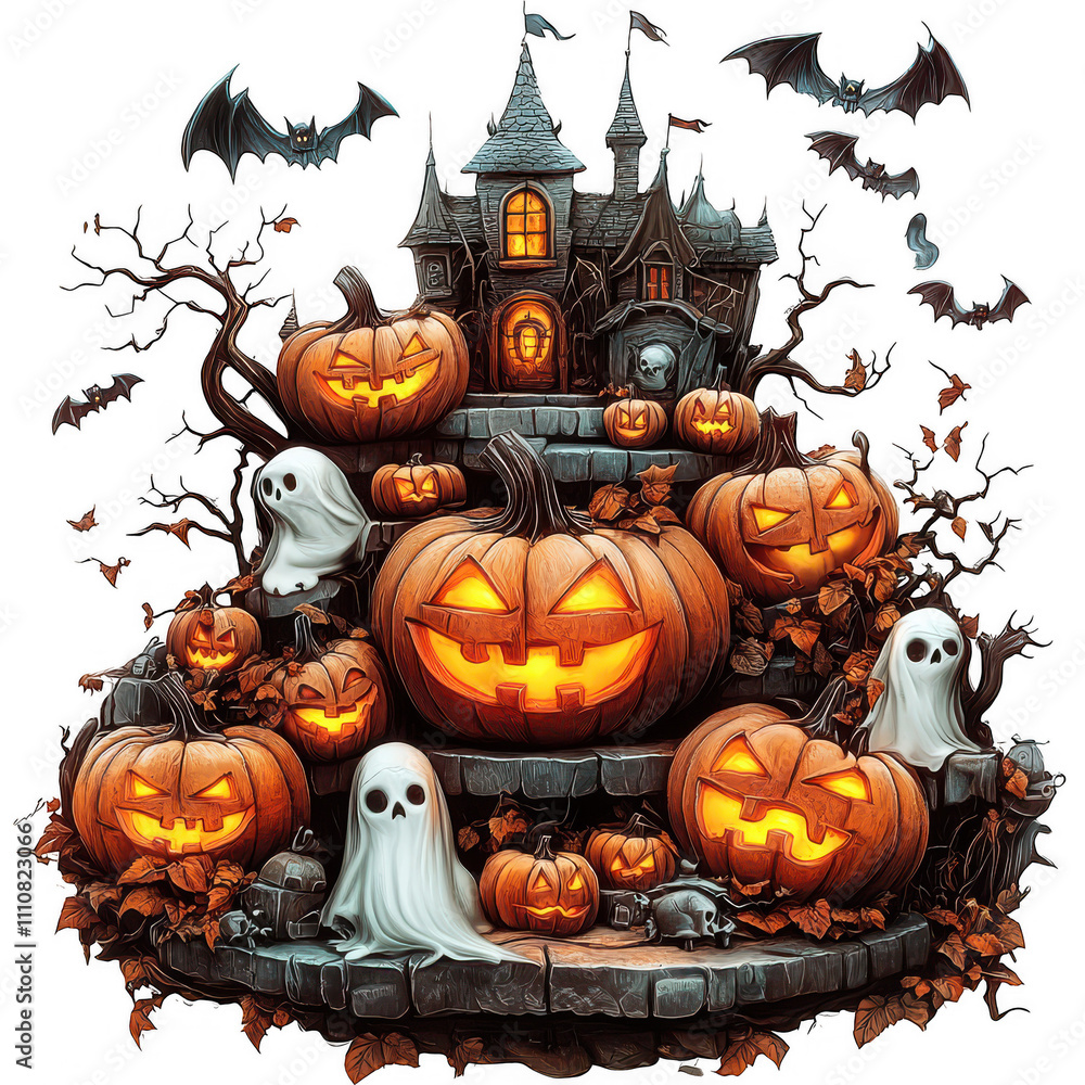 Vibrant Halloween Island Scene with Castle & Jack-O-Lanterns Vibrant Halloween Island Scene with Castle & Jack-O-Lanterns