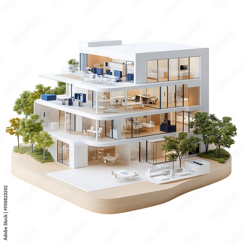 Fototapeta premium Modern Architectural Design CGI Model Building with Flat Roof & Balconies in Luxurious Landscape Context