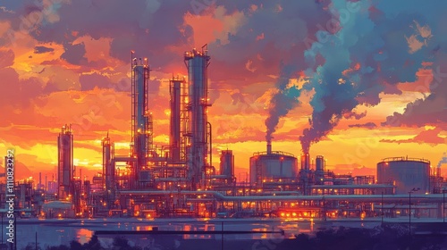 An oil and gas refinery at sunset, with pipes, tanks, and chimneys, capturing the intricate structure of a petroleum processing plant