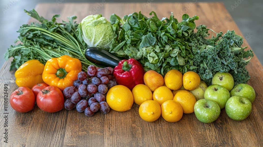 A colorful variety of fresh fruits and vegetables displayed on a wooden table. A colorful variety of fresh fruits and vegetables displayed on a wooden table.