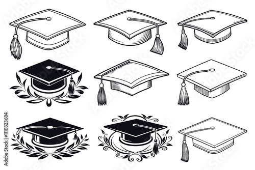 Graduating cap vector silhouette line art
