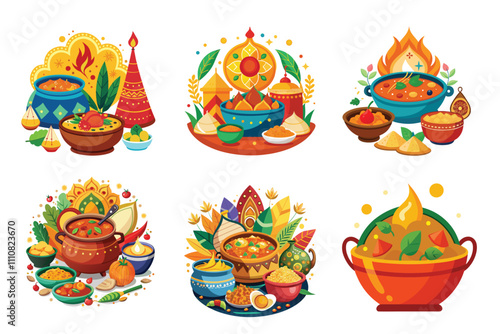 Set of Indian food vector illustrations isolated on a white background