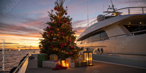 Luxury Yacht Christmas Celebration at Sunset with Festive Decorations