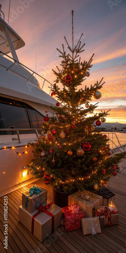 Festive Christmas Tree on Yacht Deck with Sunset Horizon photo