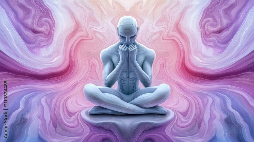 Futuristic Figure Meditating in Abstract Kaleidoscope of Pastel Colors and Fluid Waves Futuristic Figure Meditating in Abstract Kaleidoscope of Pastel Colors and Fluid Waves