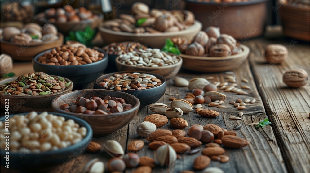 A beautifully arranged assortment of nuts and seeds in small bowls, placed on a rustic wooden table with a cozy kitchen background A beautifully arranged assortment of nuts and seeds in small bowls, placed on a rustic wooden table with a cozy kitchen background