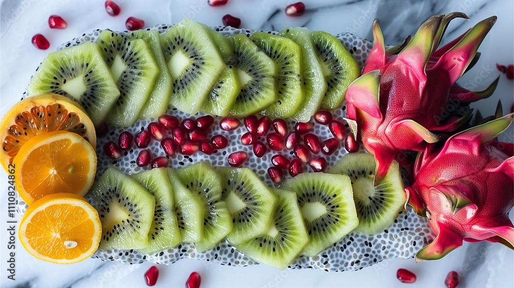 A neatly arranged superfood platter featuring chia pudding, sliced kiwi, dragon fruit, and pomegranate seeds, set on a modern marble background A neatly arranged superfood platter featuring chia pudding, sliced kiwi, dragon fruit, and pomegranate seeds, set on a modern marble background